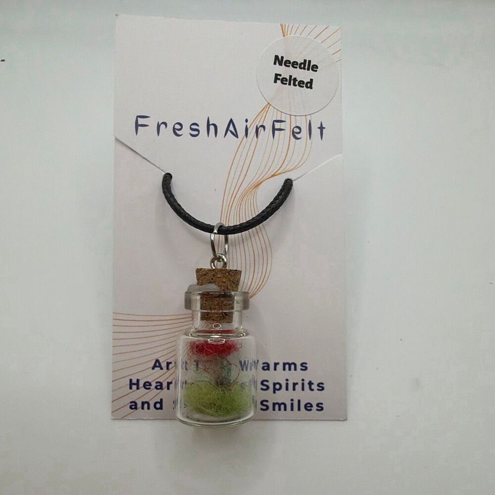 Needle felted mini mushroom in jar pendent hand crafted, waxed cord necklace